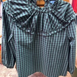 Draper James Women's Green & Black Gingham Ruffle Neck Top Size Large